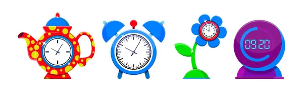 Alarm clock vector cartoon kids clockface clocked in time with hour or minute arrows illustration childish clocking object alarm wake-up timer set isolated on white background — Stock Vector