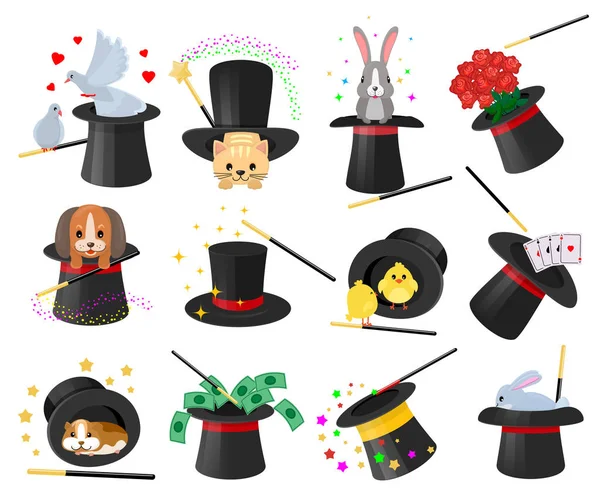 Sihirli şapka illüstrasyon illüzyon seti tavşan güvercin yanılsama sıyrık ile performans sihirli şapka illüstrasyon illüzyonist hayvan karakter kedi köpek ile Magician şapka vektör illüzyonist gösterisi, beyaz arka plan üzerinde izole
