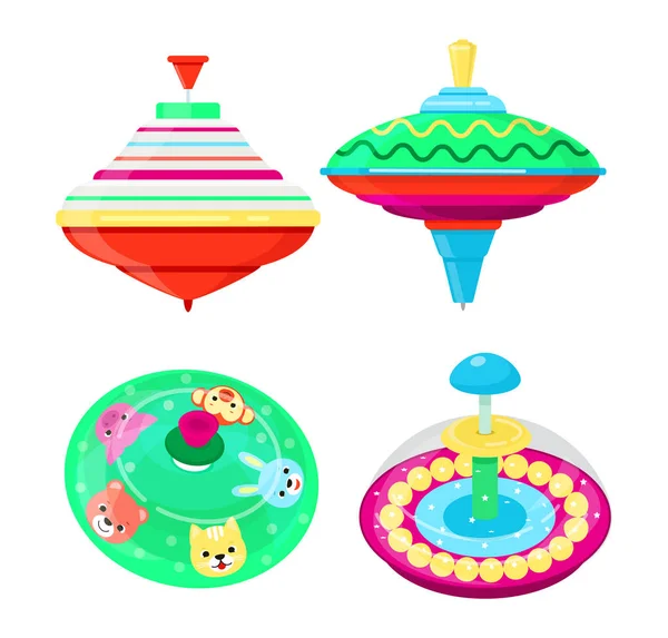 Top juguete vector niños whirligig zumbido spinner colorido spinning juego de juego con peg-top personaje ilustración conjunto de dibujos animados infantil giro whipping-top y remolino aislado sobre fondo blanco — Archivo Imágenes Vectoriales