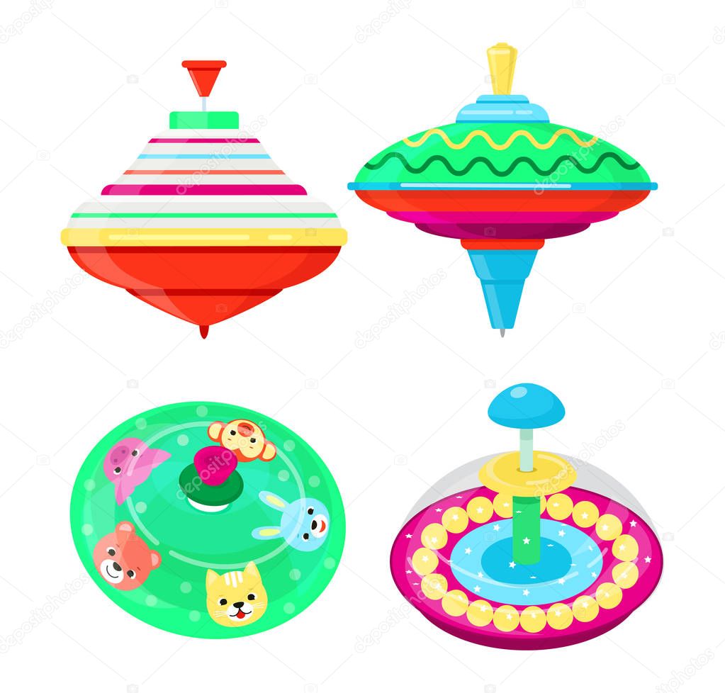 Top toy vector kids whirligig humming spinner colorful spinning playing game with peg-top character illustration set of cartoon childish twirl whipping-top and whirlabout isolated on white background
