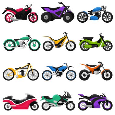 Motosiklet vektör motosiklet ve otomobil döngüsü ride taşıma helikopter illüstrasyon motosiklet kümesi beyaz arka plan üzerinde izole scooter motorlu bisiklet