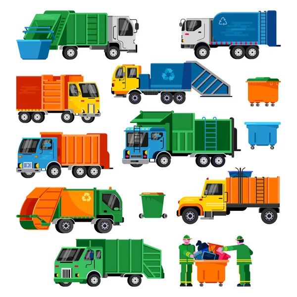 Sopbil vektor Trash fordon transport illustration återvinning avfall uppsättning ren service industrirengöring skräp återvinna container isolerad på vit bakgrund — Stock vektor