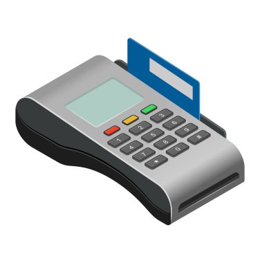 Kredi kartı için ödeme makinesi vektör pos bankacılık terminali atm banka sistemi işleme mağaza illüstrasyon izometrik set beyaz arka plan üzerinde izole kart okuyucu ödeme için işleme