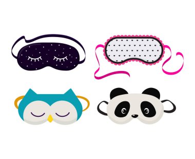 Göz maskesi vektör uyku gece aksesuarı beyaz arka plan üzerinde izole yüz uykulu koruma karikatür uykulu panda kedi seyahat illüstrasyon seti resst dinlenmek