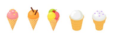 Kaşık la krema şeker buzlu krema izometrik set beyaz arka plan üzerinde izole kepçe illüstrasyon krema şeker kremaizometrik seti üzerine çikolata vanilya ve buzlu creamer tatlı ile koni içinde Dondurma vektör dondurma