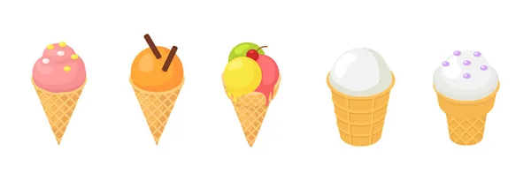 Helado vector helado en cono con vainilla de chocolate y postre de crema helada en la ilustración de la cucharada de hielo helado crema isométrica conjunto aislado sobre fondo blanco — Vector de stock