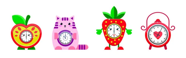 Reloj despertador vector dibujos animados niños reloj reloj reloj en el tiempo con flechas de hora o minutos ilustración reloj infantil objeto alarma despertador temporizador conjunto aislado sobre fondo blanco — Vector de stock