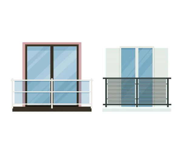 Balkong vektor Vintage balkongräcke fönster fasad vägg av byggnad illustration uppsättning vackra arkitektur dekor fönster-rutan fasad isolerad på vit bakgrund — Stock vektor