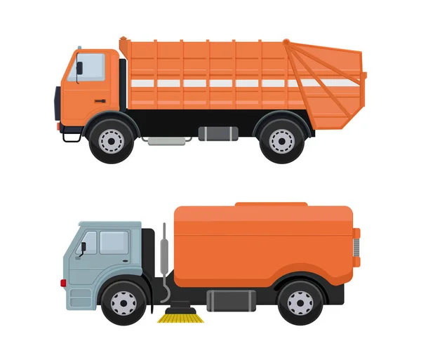 Road rengöring maskin vektor fordon lastbil sopare renare tvätt stad gator illustration, fordon van bil grävmaskin bulldozer traktor lastbil transport isolerad på bakgrunden — Stock vektor