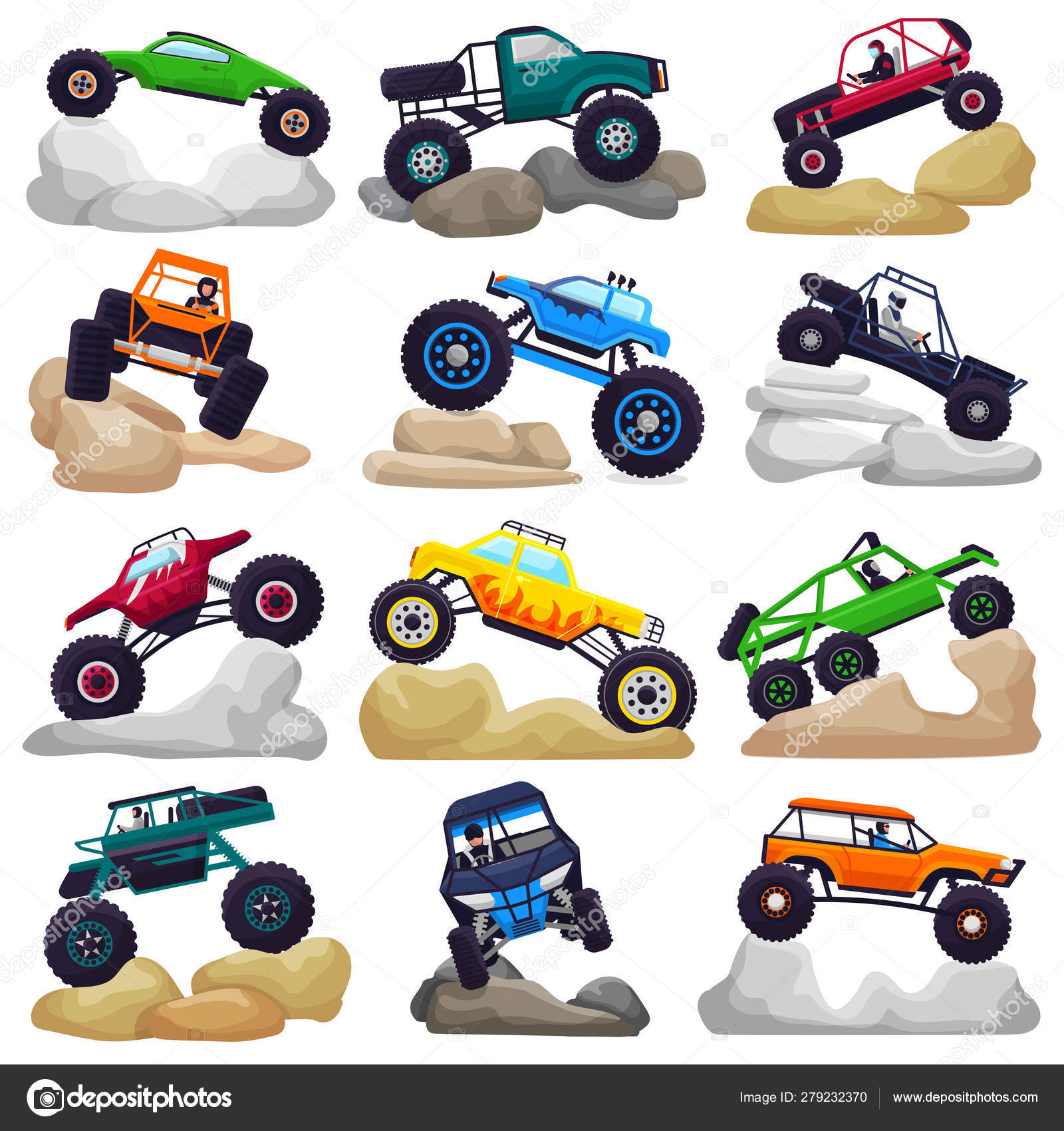 Caminhões monstro dos desenhos animados projetam vista lateral e frontal  carros de corrida offroad com rodas grandes e fogo conjunto de vetores de  veículos pesados de esportes radicais