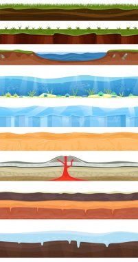 Oyun arka plan vektör karikatür manzara yaz kış arayüzü gamification fon illüstrasyon oyun sahnesi çim taş buz deniz okyanusu sualtı duvar kağıdı seti