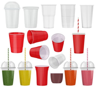 Plastik cam vektör boş plastik-fincan veya boş kahve fincan mockup tek kullanımlık içecek konteyner markalama illüstrasyon gerçekçi bir içecek paketi beyaz arka plan üzerinde izole seti