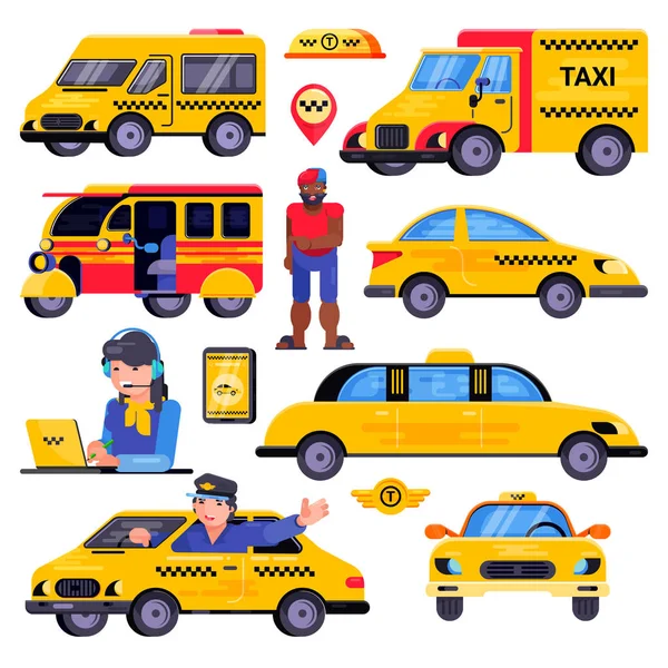 Taxi-Vektor Taxi-Transport Fahrer Mann Charakter in gelben Auto Transport Illustration Set von Stadt Taxi Auto auf Taxistand und Taxifahrer im Auto isoliert auf weißem Hintergrund — Stockvektor