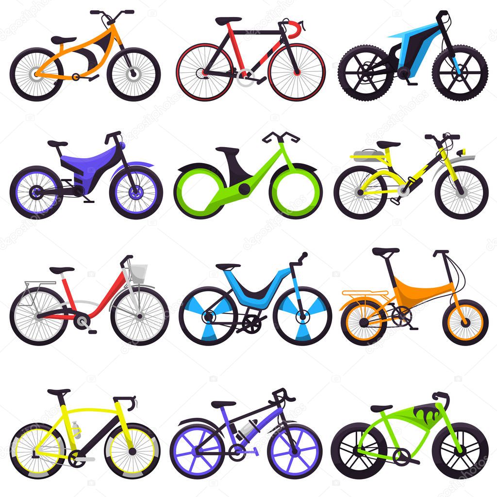 Bicycle vector bikers cycle biking transport with wheels and pedals illustration bicycling set of bicyclist cycling sport transportation isolated on white background