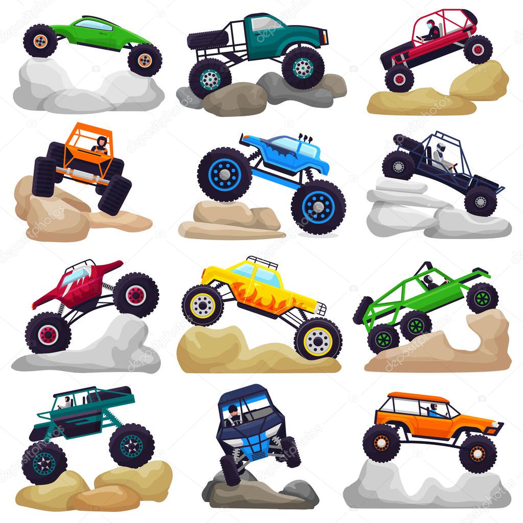 Monster truck vector cartoon vehicle or car and extreme transport crawling in rocks illustration set of heavy rocky monster-truck with large wheels isolated on white background