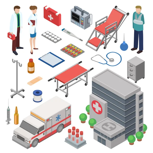 Ambulance vecteur médecin caractère ambulance voiture et pharmacie médicaments médicaments pilules illustration medicatio premiers soins isométrique ensemble de traitement médical signes de soins de santé isolés sur fond blanc — Image vectorielle