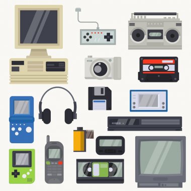 Retro teknoloji vintage bilgisayar teknolojisi ve disket illüstrasyon teknolojik seti beyaz arka plan izole ile eski pc monitörü