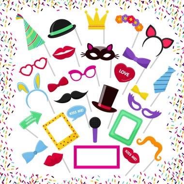 Photo booth vector mask glasses costume hat on birthday party wedding photobooth set collection mustache lips decoration frame design illustration isolated on white background