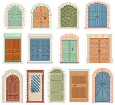 Kapılar vektör vintage kapı ön giriş asansör girişi veya asansör kapalı ev iç illüstrasyon seti ortaçağ bina kapı kapağı kapı ve kapı beyaz arka plan üzerinde izole
