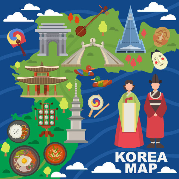 Южная Корея карта векторных корейских символов культуры традиционных символов осмотр достопримечательностей достопримечательности путешествия в Южной Корее иллюстрация азиатского туризма набор восточных продуктов питания в городе Сеул изолированы на белом фоне
