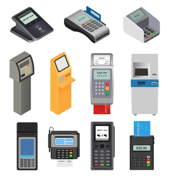 Platebnímu terminálu POS bankovní terminál pro kreditní kartu pro zaplacení obrábění bankovních zařízení ATM pro placení karet pro ukládání karet v obchodě ilustrace izometrická množina izolovaná na bílém pozadí — Stockový vektor