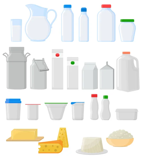 Emballage de lait vecteur vide verre pot verrerie produits laitiers vierges fromage paquet illustration ensemble verrier de récipient tasse bouteille en verre modèle d'emballage isolé sur fond blanc — Image vectorielle