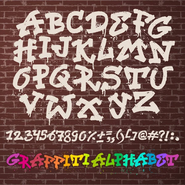 Alfabet-graffinitet alfabetisk skrifttype ABC etter penselstrøk med bokstaver og tall eller grunge-alfabetisk typografi som er isolert på bakgrunn av teglsteinsvegger – stockfoto