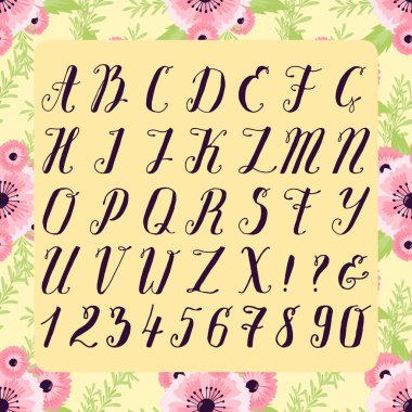 Çiçek doğa numaraları ampersand ve semboller çiçek el çizilmiş alfabe harfleri ile calligraphic yazı