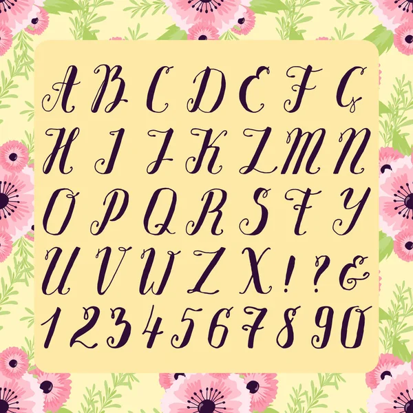 Calligraphic font with floral nature numbers ampersand and symbols flower hand drawn alphabet lettering