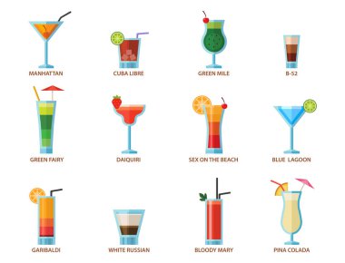 Alkollü kokteyller seti meyve soğuk içecekler tropikal kozmopolit tazelik toplama ve parti alkol tatlı tekila illüstrasyon.