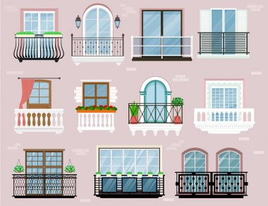 Balkon vektör vintage balkonlu korkuluk pencereler cephe duvar bina illüstrasyon güzel mimari dekor pencere-pan cephe arka plan izole seti