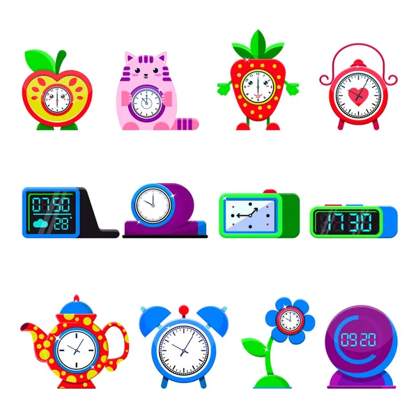 Réveil vectoriel bande dessinée enfants horloges horloges dans le temps avec des flèches heure ou minute illustration horlogerie enfantine alarme d'objet minuterie de réveil réglé isolé sur fond blanc — Image vectorielle