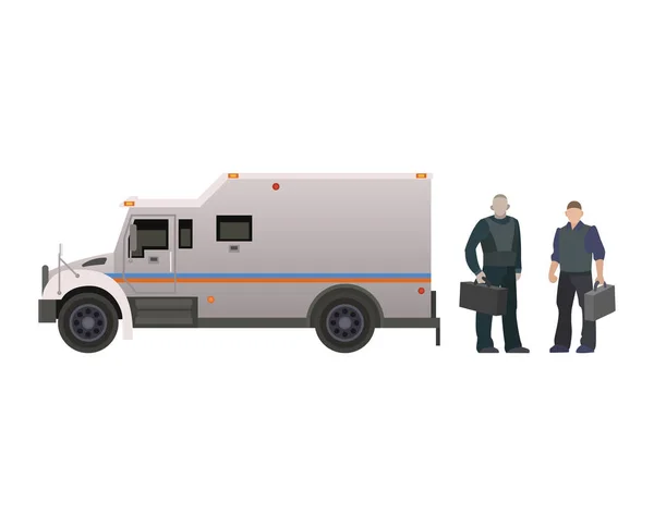 装甲お金キャリア車両ベクトルバンクバン輸送車サイドビューイラストアーマーは、白い背景に隔離された警備員キャラクターでお金警備員の男とミニバントラックのセット — ストックベクタ