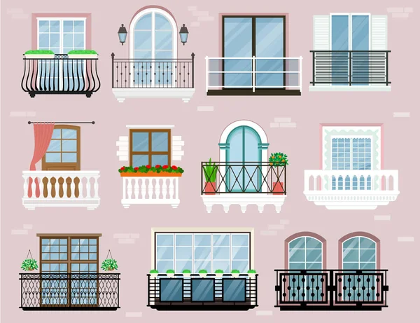 Balkon s balkonem balkony zábradlí okna fasáda průčelí budovy ilustrace sady krásných architektonických dekorací v oknech fasády izolované na pozadí — Stockový vektor