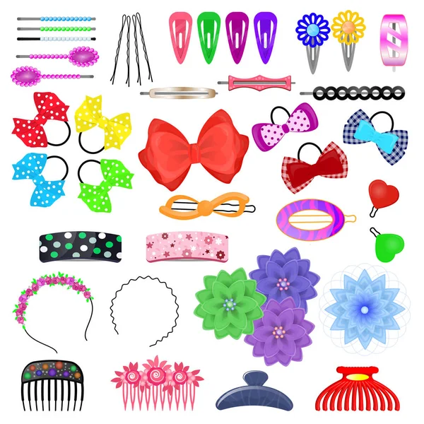 Hair accessory vector kids hairpin or hair-slide and hair-clip ponytailer for girlish hairstyle illustration beauty fashion set of hairgrip or hairdressing accessories isolated on white background — Stock Vector