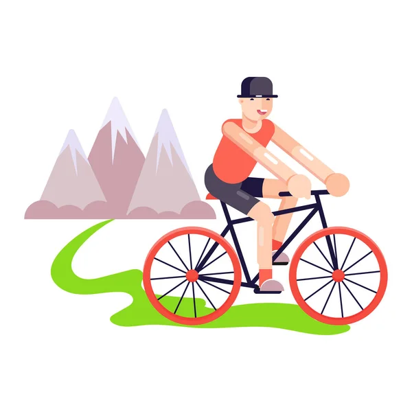 Triathlonmann auf Bahnrad-Vektor-Illustration. junger erwachsener Mann oder Junge, der in der Nähe der Berge unterwegs ist. Cartoon männliche Radfahrer auf einem Fahrrad in der Reisezeit. Rennradtour — Stockvektor