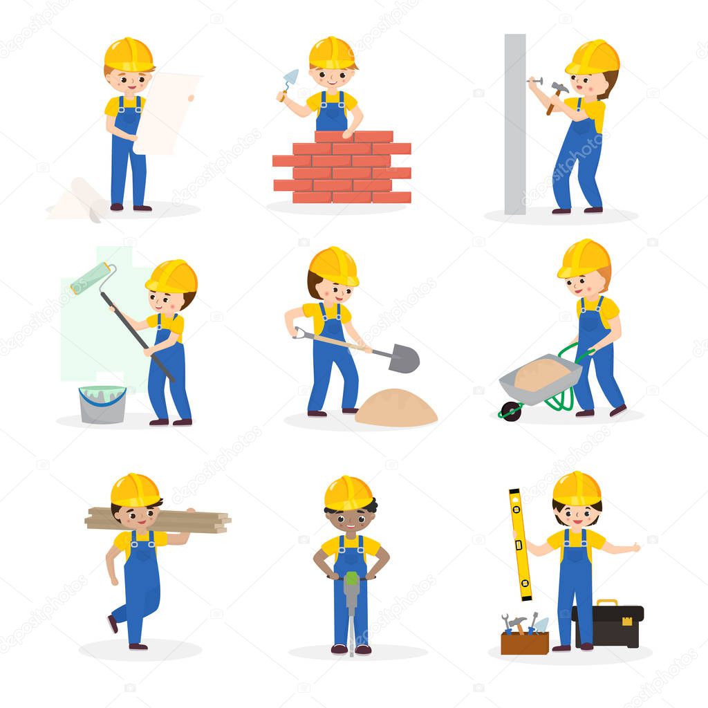 Builder cartoon character constructor building construction for newbuild illustration worker or contractor buildup constructively set isolated on white background