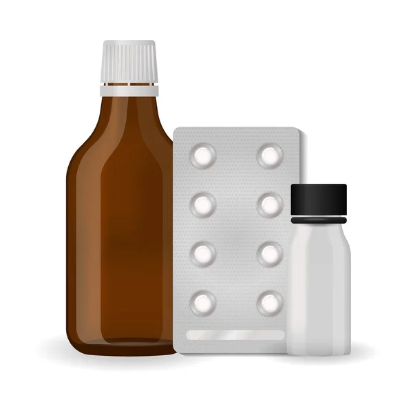 Fles Pack sjabloon mockup leeg farmaceutische blister van pillen en capsules buis container voor drugs schone plastic verpakking voor medicatie illustratie. — Stockfoto