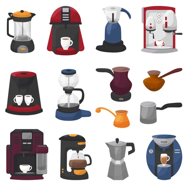 Cafetera vector cafetera y cafetera para bebida espresso con cafeína en la cafetería ilustración conjunto de equipo profesional cafetera cafetera aislado sobre fondo blanco — Archivo Imágenes Vectoriales