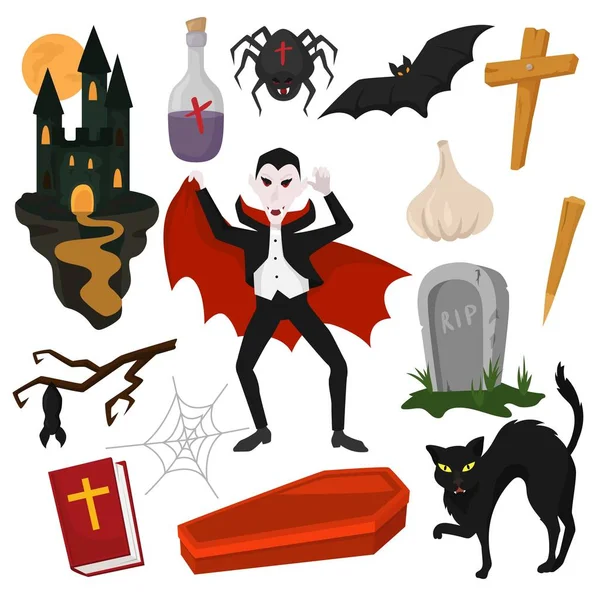 Vampiro vector de dibujos animados personaje de Drácula en disfraz de Halloween miedo y signos de vampirismo ilustración conjunto de monstruo malvado espeluznante en el cementerio o castillo con murciélago aislado sobre fondo blanco — Vector de stock
