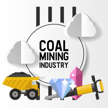 Mineral madenciliği, siyah madencilik, kömür endüstrisi vektör illüstrasyon. Kamyon, kayayı madenden fabrikaya taşıyor. Tipografi ile madencilik aletleri ve elmas poster tasarımı.