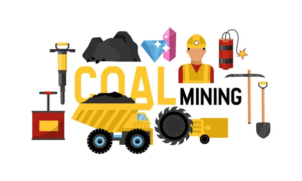 Operação de mineração de carvão de transporte em ilustração de vetor de caminhão pesado. No vale mineiro com pedras de carvão. Página web ou desembarque para a indústria de minas de carvão . — Vetor de Stock