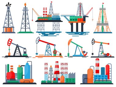 Petrol endüstrisi vektör yağlı ürünler beyaz arka plan üzerinde izole endüstriyel ekipman vinç sondaj yakıt pompası illüstrasyon seti üreten teknoloji yağlanmış