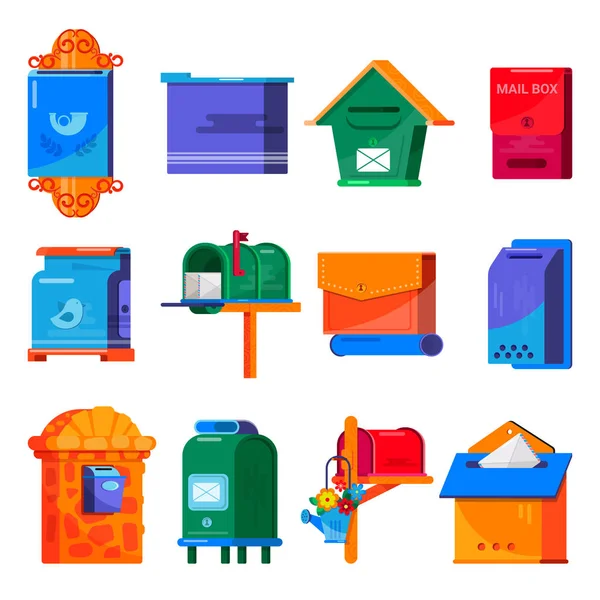 Skrzynka pocztowa skrzynki pocztowej pocztowych lub pocztowych korespondencji letterbox ilustracja zestaw skrzynek pocztowych skrzynki pocztowe do doręczania listów w kopercie na białym tle — Wektor stockowy