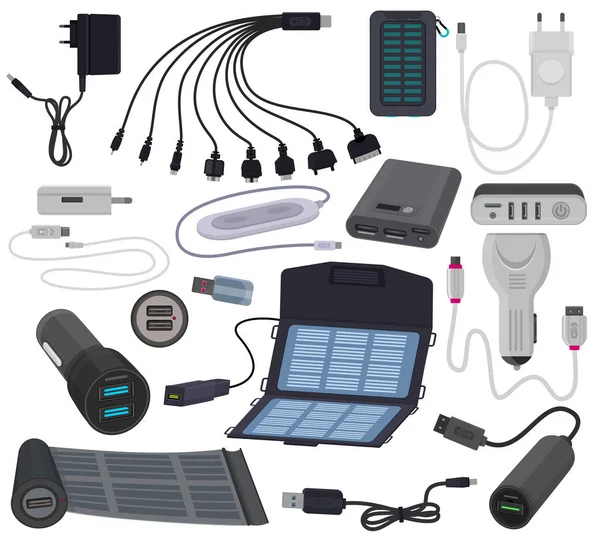 スマートフォンイラストセット用充電器ベクトルモバイルケーブル充電技術 USBデバイスプラグアダプターとデジタル電話機器を白い背景に絶縁 — ストックベクタ