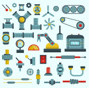 Makine parçaları illüstrasyon makine düz simgeler set imalat iş detay tasarım dişli mekanik ekipman parça sanayi teknik motor