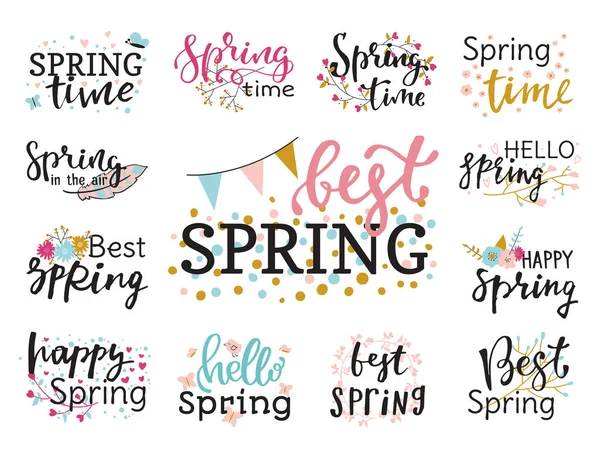 Привіт весняний час написання тексту вітальна листівка спеціальна весняна типографія рука намальована весняна графічна ілюстрація значок — стокове фото