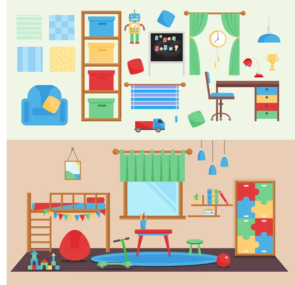 Οριζόντια θέα άνετο βρεφικό δωμάτιο διακόσμηση των παιδιών υπνοδωμάτιο εσωτερική απεικόνιση με έπιπλα και παιχνίδια. Νηπιακό παιδικό δωμάτιο παιδί. — Φωτογραφία Αρχείου