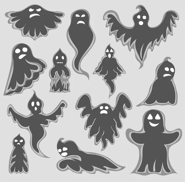 Cartoon spooky Ghost character set. Halloween scary holiday monster design ghost character. Costume evil silhouette ghost character creepy funny cartoon cute spooky night symbol — Stock Photo, Image