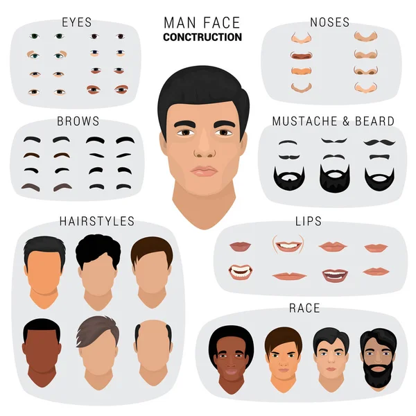 Beyaz arka plan üzerinde izole saç modeli ile yüz elemanları inşaat bıyık ve sakal illüstrasyon seti ile Erkek yüz yapıcı erkek karakter avatar oluşturma kafa derisi burun gözleri — Stok fotoğraf